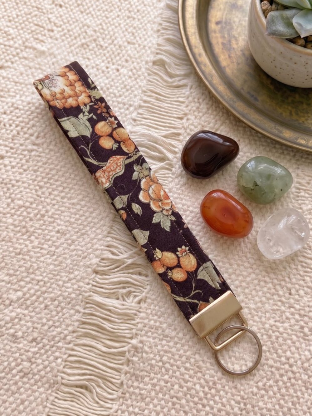 New Handmade Autumn Floral Botanical Black Fabric Key Fob Wristlet